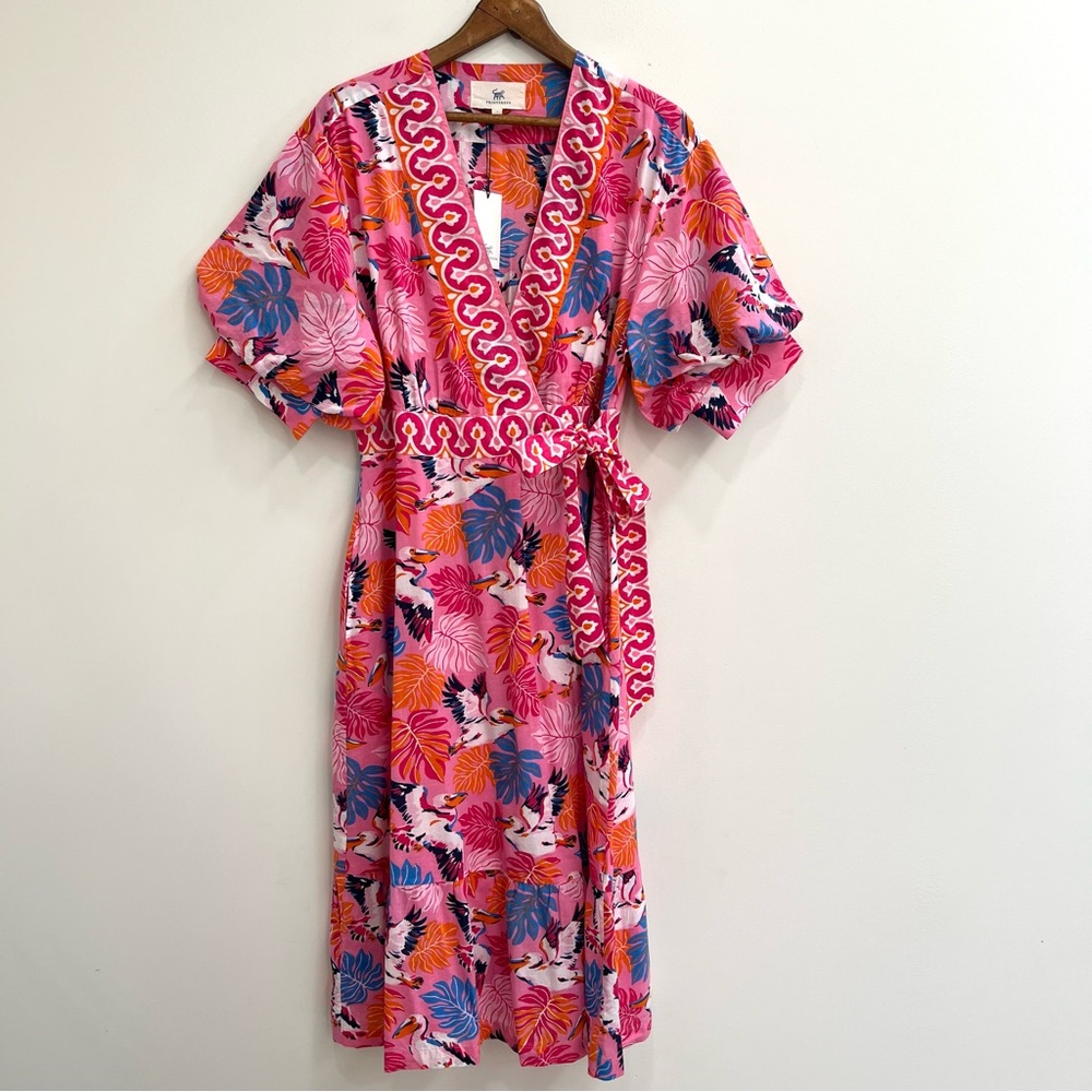 Printfresh Gabriela Midi Dress in Pelican Palms Pink Blue Wrap Style Large - Picture 3 of 16